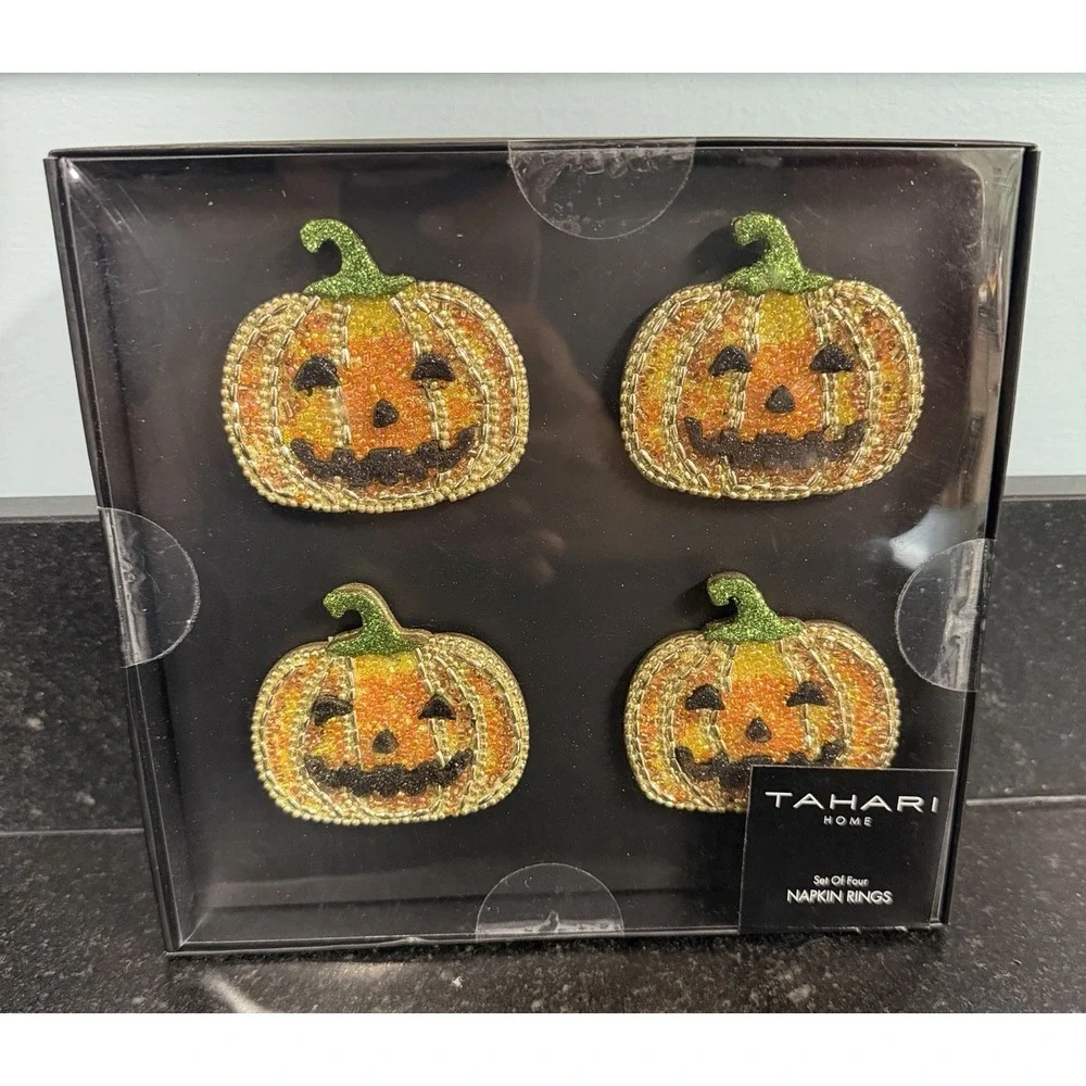 Tahari Home Fly By Night Beaded Pumpkin Jack O'Lantern Napkin Rings Set of 8 NIB